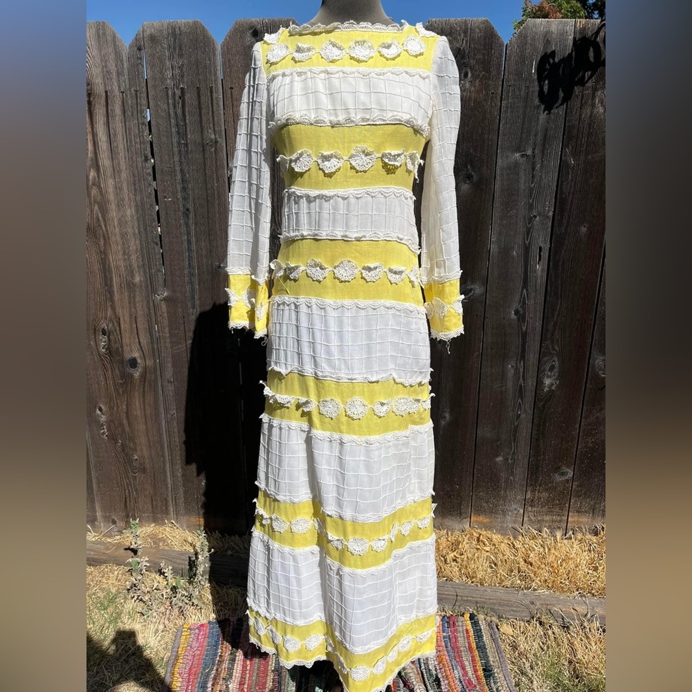 Vintage 1970’s Calderon lace and crochet maxi dress with sheer sleeves